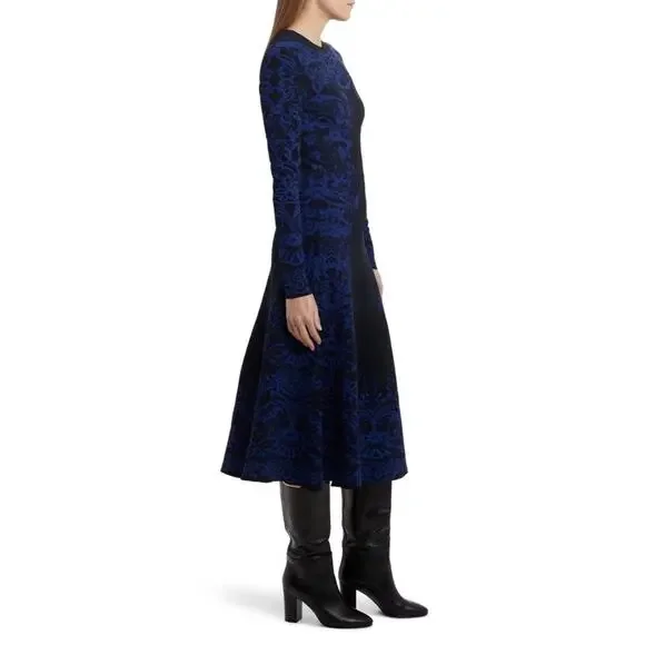 Valentino Delft Jacquard Long Sleeve Midi Sweater Dress Knit Blue M $3960 2020